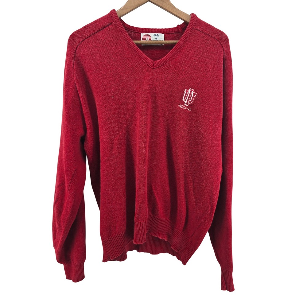 Isle of Cotton Sweater Mens L Red Indiana IU V-Neck Knit Cotton Made USA Vintage